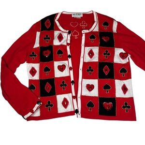 Vintage Red Card Suit Cardigan sweater spade club heart diamond beaded‎